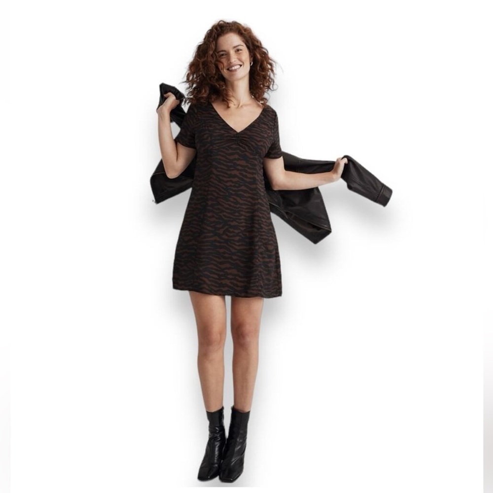 NWT Madewell V-Neck Mini Dress in Abstract Animal Size 2 Black Brown Zebra